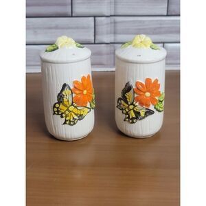 Vintage 1960s Large Log Butterfly & Flower Salt and Pepper Shakers Set
